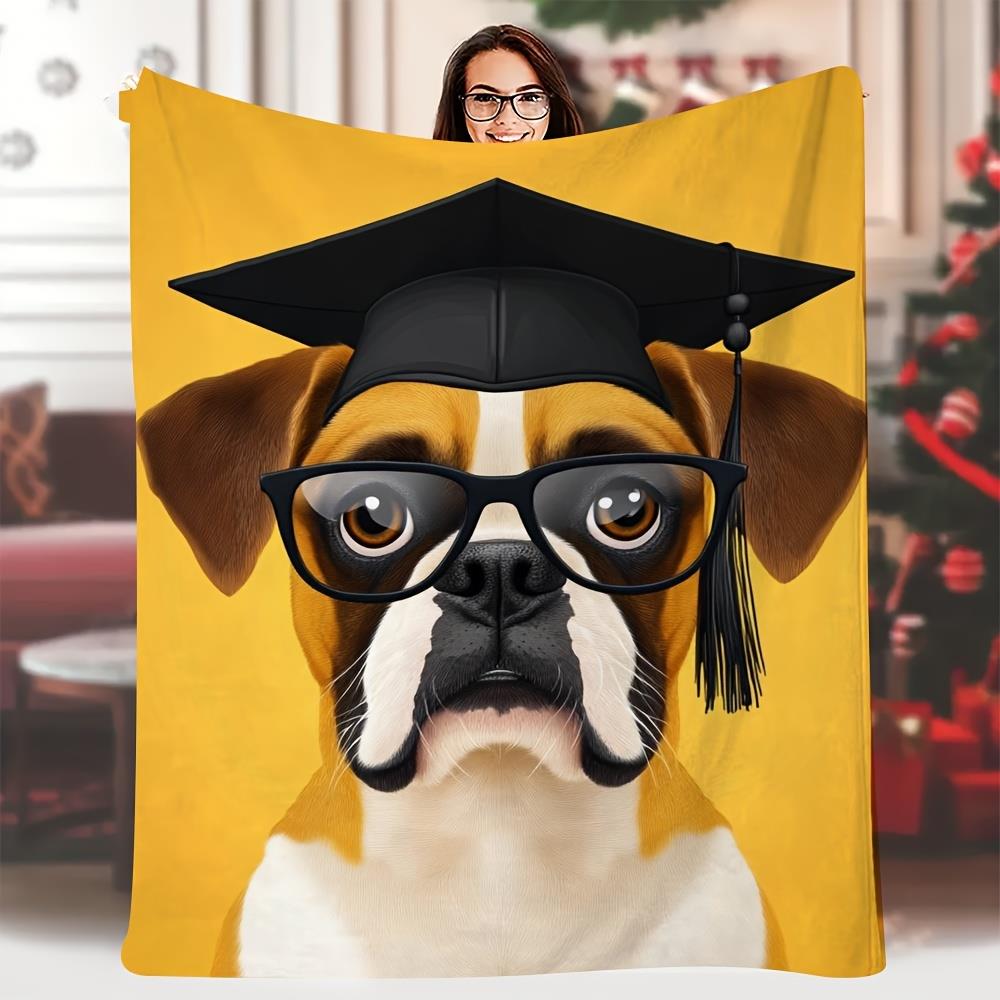 

Graduation dress bulldog puppy Flannel printed blanket suitable for all seasons suitable for living room office sofa and travel 75x100cm