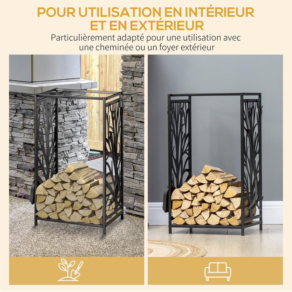 Fireplace Log Rack, Multi-Accessory Shelf, 46 x 29 x 70 cm, Black Steel