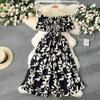 Summer Floral Off Shoulder Dress Women High Waist Short Sleeve Ankle Length Spring Casual Fashion