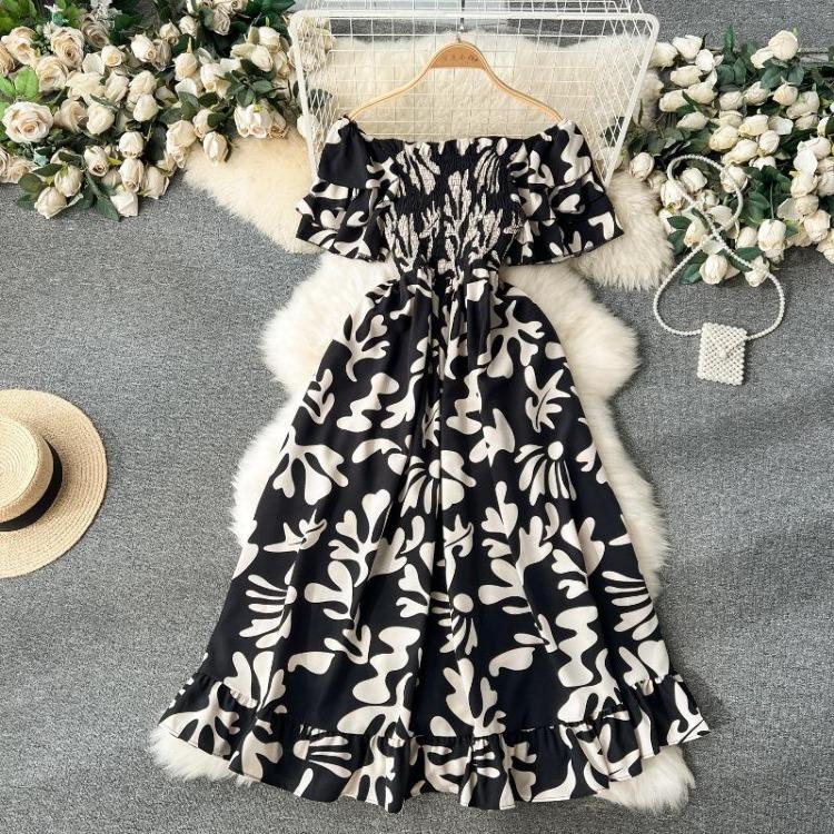 Summer Floral Off Shoulder Dress Women High Waist Short Sleeve Ankle Length Spring Casual Fashion