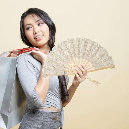 Lace Folding Fan with Tassel Hollow Ribs Vintage European Dance Performance Party Photo Props Portable Summer Hand Held Fan Women Girls Gift