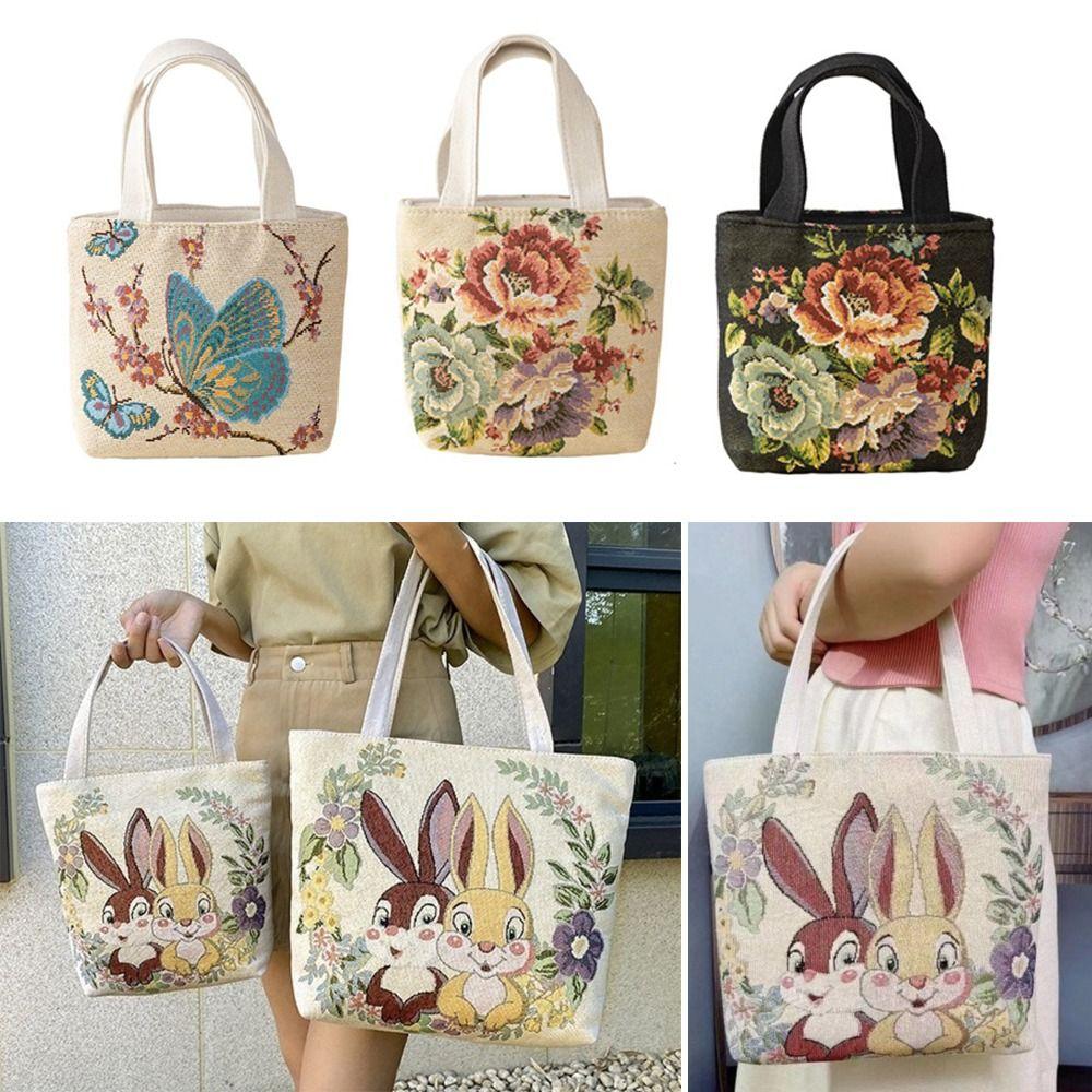 Creative Embroidery Canvas Bag Cute Cat Flowers Tote Bag Fashion Style Large Capacity Shoulder Traveling Pouch Handbag