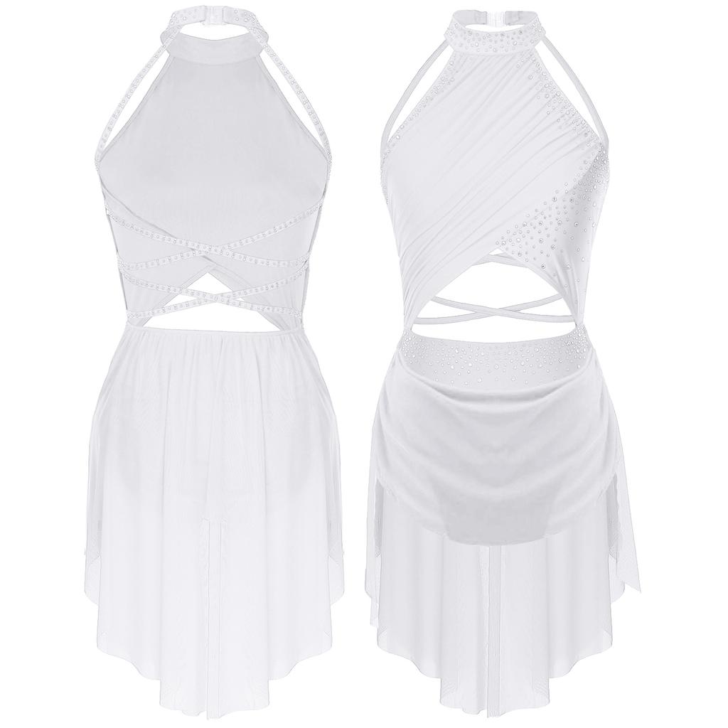 Glitzerndes lyrisches Tanzkostüm für Damen, rückenfreier Rock, Turnanzug, moderne zeitgenössische Tanzbekleidung