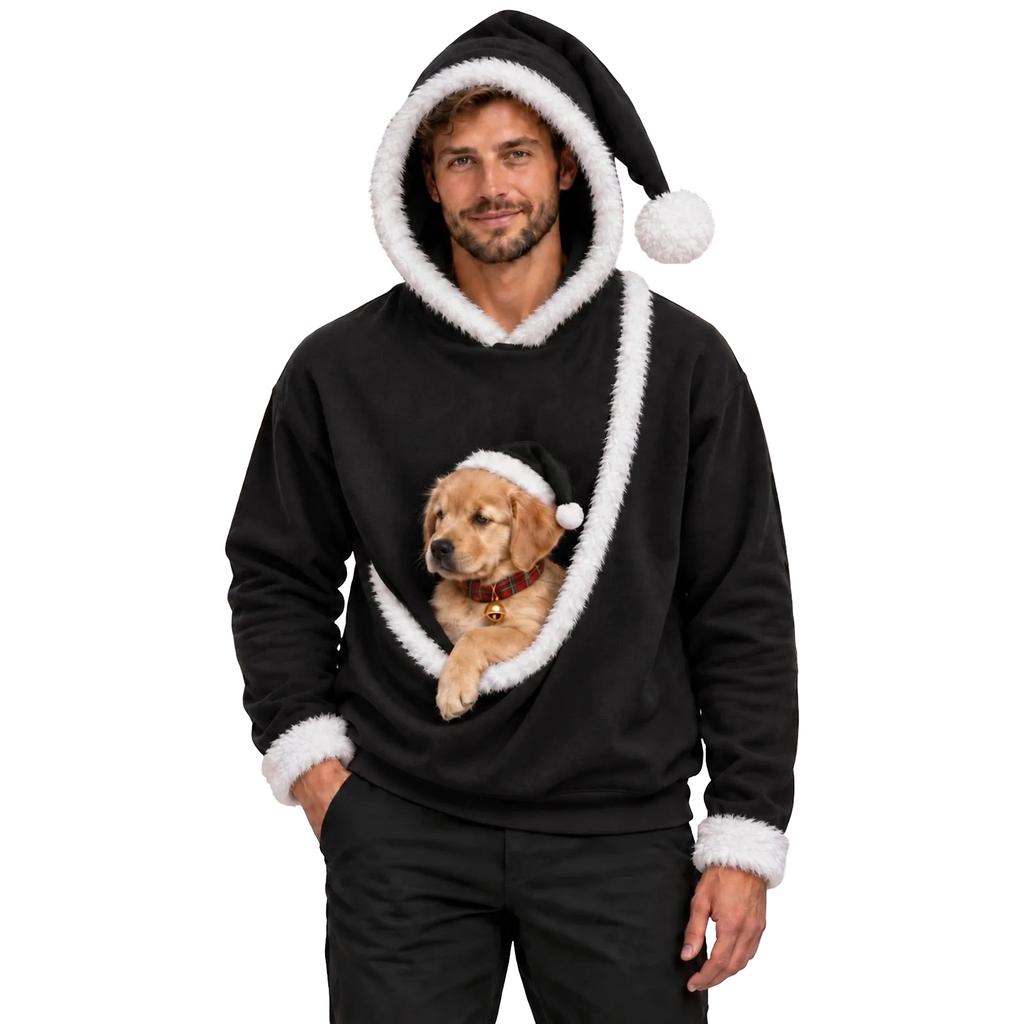 Adult Cute Christmas Plush Patchwork Hooded Sweatshirt with Pet Pocket for Holiday Wear