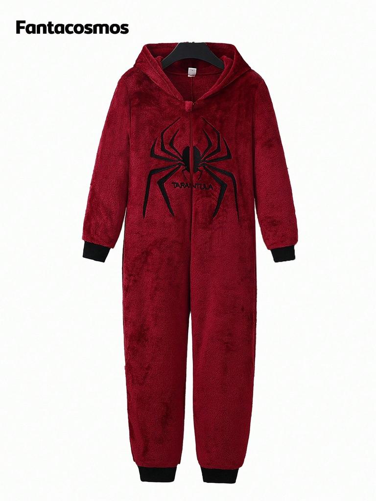 Pigiama Intero con Cappuccio a Manica Lunga da Ragazzo Colore Borgogna con Grafica di Ragno e Zip Caldo e Accogliente per Bambini Autunno Inverno