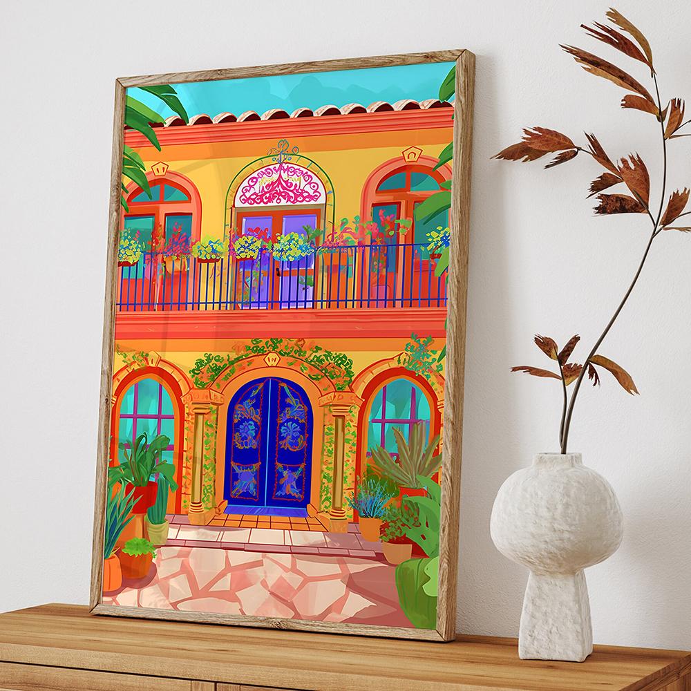 Wall Art Pictures Mexican Hacienda Print and Poster Mexico Traditional Courtyard Travel Illustration Canvas Painting Home Decor