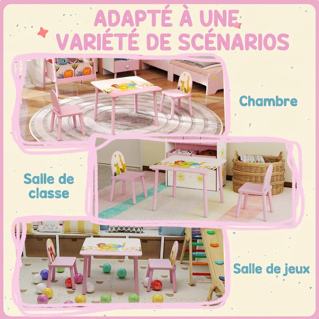 Children's Table with Chair, Wooden Table, 2 Chairs, Pink