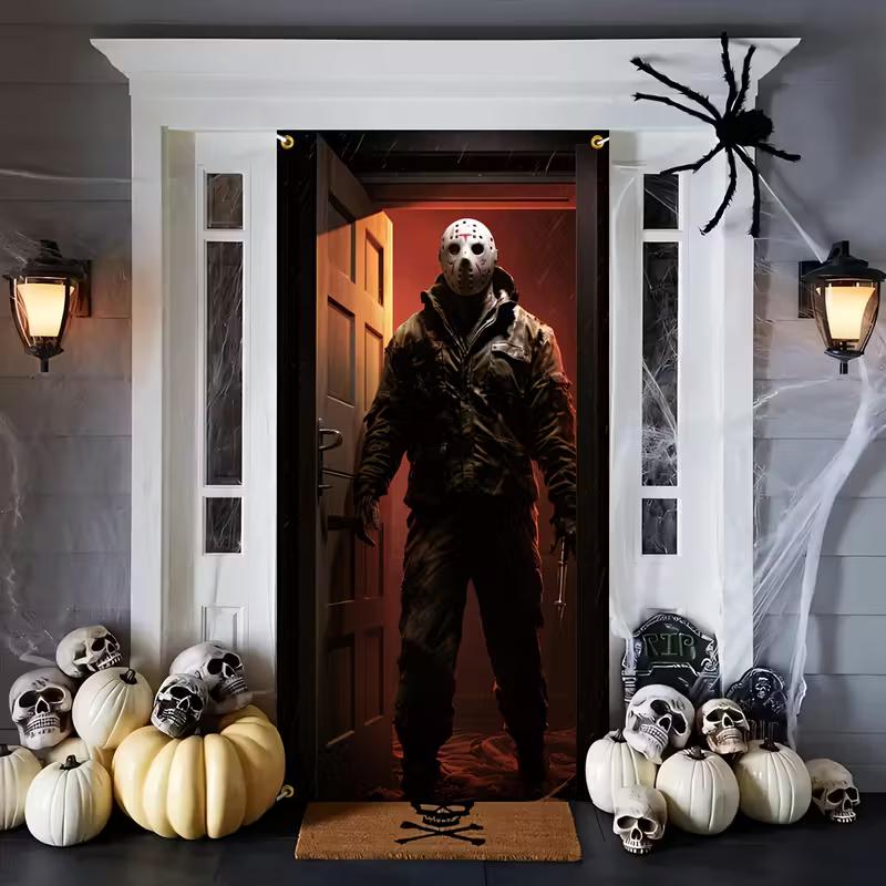 2D Scary Jason Voorhees Door Banner, Halloween Horror Party Background 47.2x31.5inch/120*80cm