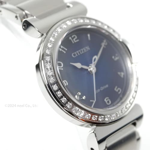 Citizen ROUND Collection Watch, EM1120-87L, Women's, Waterproof, Navy Blue with Diamonds, Solar-powered Eco-Drive, Silver.