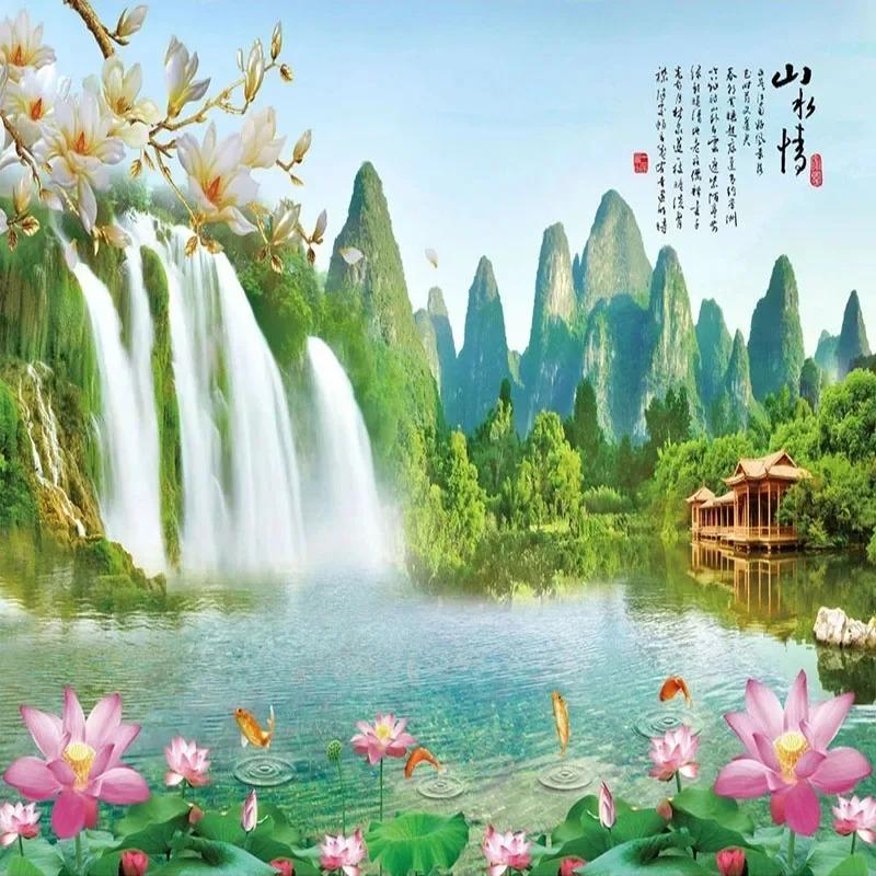 Photo Wallpaper 3d Stereo Waterfall Lake Lotus Landscape Mural Living Room Tv Sofa Bedroom Home Decor