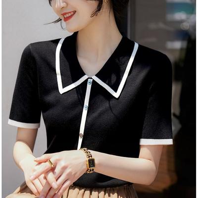 Women's Summer New Black and White Contrasting Color Lapel Knitted Sweater Top