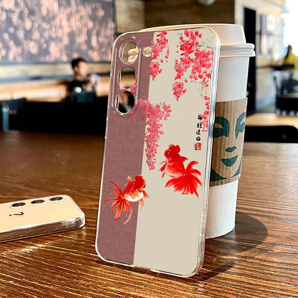 Phone Case For Samsung M33 5G A14 S23 S23 Plus S23 Ultra S23 Fe S24 Anti-Yellow Goldfish Koi Flowers Two-Color Silicone Cover