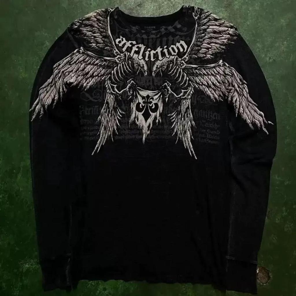 STREETRICH Y2K Gótico Harajuku Estampa de Retalhos Manga Longa Branca Punk Hip Hop Novo Sexy Camiseta Moda Casual Algodão Puro Tops Largos Unissex