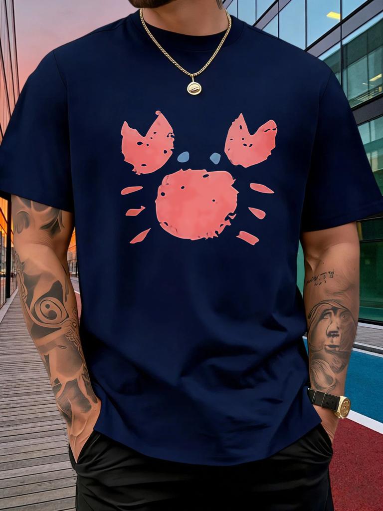 Unisexs Casual Short Sleeve T Shirt Minimal Abstract Crab Print Crew Neck Cotton Tee Loose Ocean Style Summer Tops For Adult Guys
