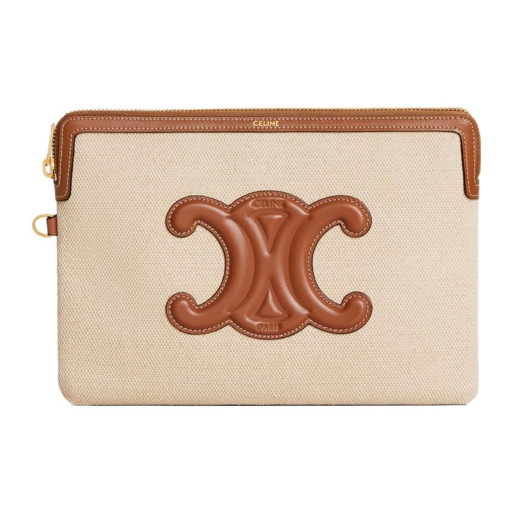 Celine Cuir Triomphe Logo Zipper Closure Detachable Wrist Strap Fabric Trimmed Calfskin Handbag Wristlet Clutch Small Women Handbags 10J502EW1-02NT