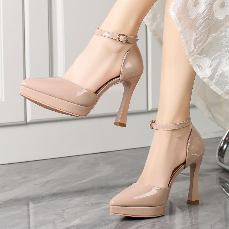 Fashion Sexy High Heel Single Shoes for Women with Buckle Elegant Mary Jane Waterproof Platform Painted Leather Wedding Party Shoes