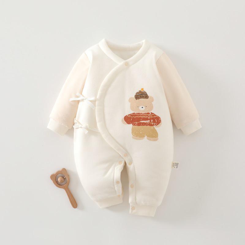 Rainbow Bear Quilted Cotton Newborn Bodysuit - No-Bone Three-Layer Jumpsuit, 120g