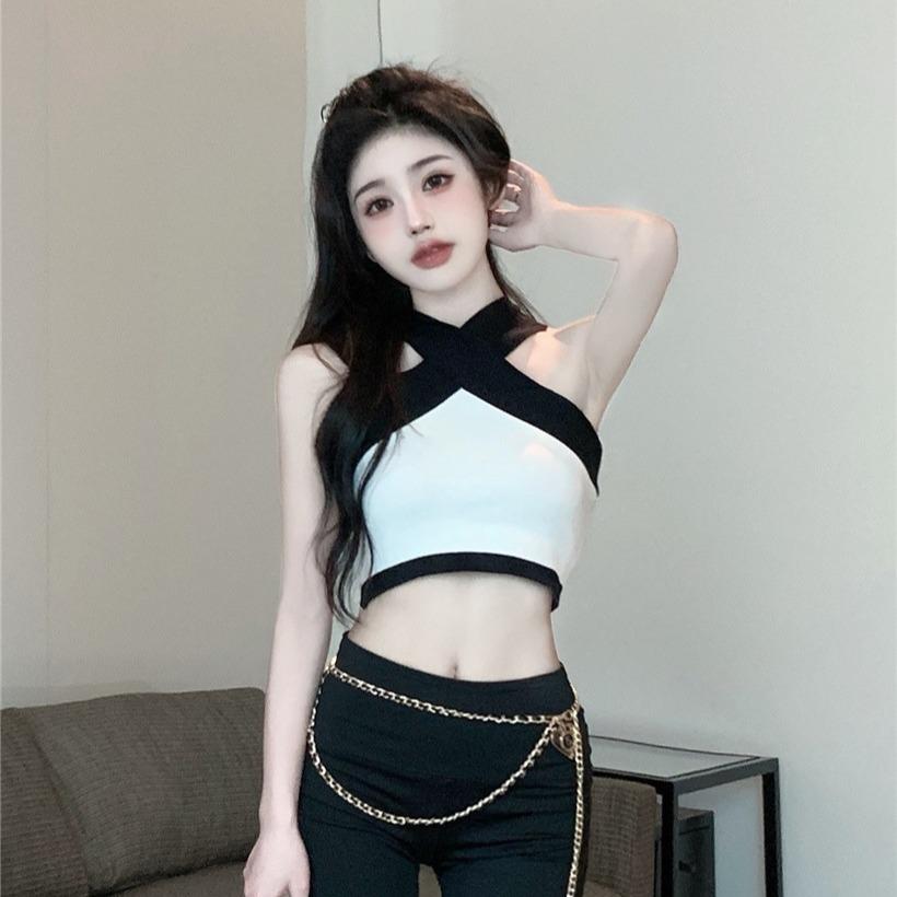 Pure desire chic sweet babes sexy short neck vest women wear contrasting color off the navel sleeveless top women ins tide