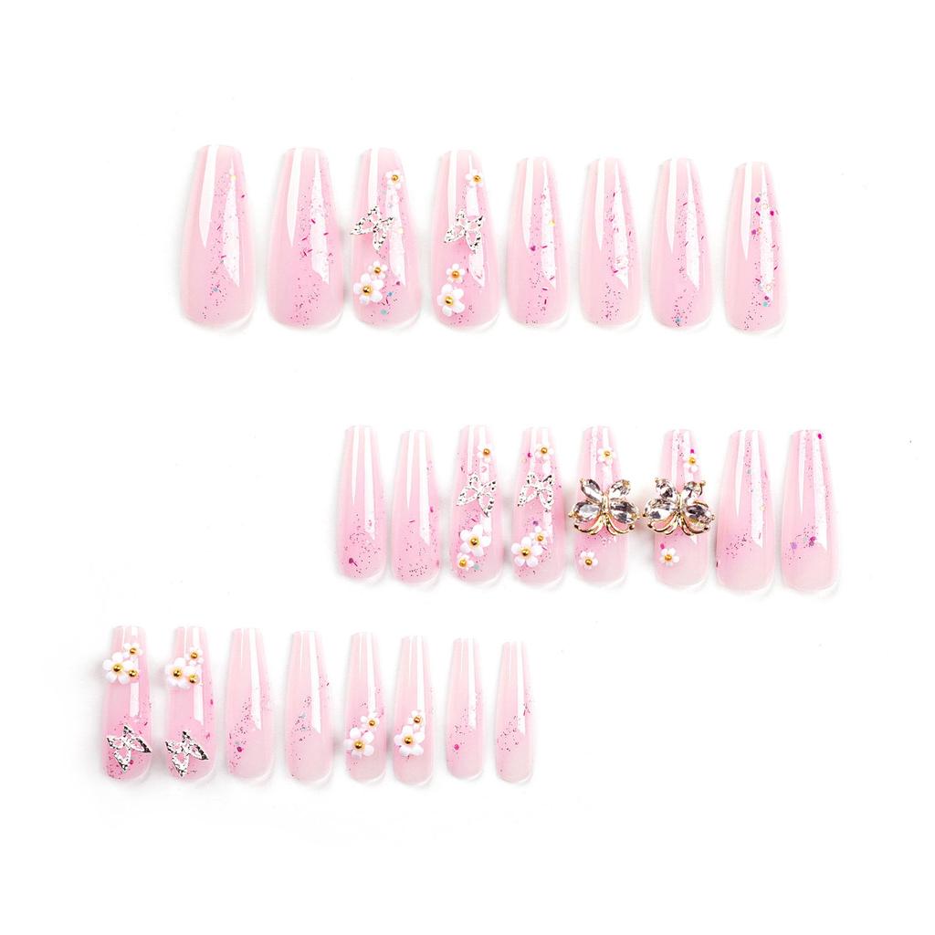 Sweet Pink Glitter Butterfly Press-On Nails with Floral Design