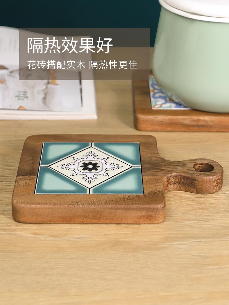 Home Daily Use Solid Wood Placemat, Outdoor Camping Insulated Mat, Acacia Wood Flower Brick Pot Mat with Handle 14x20x2cmFlower