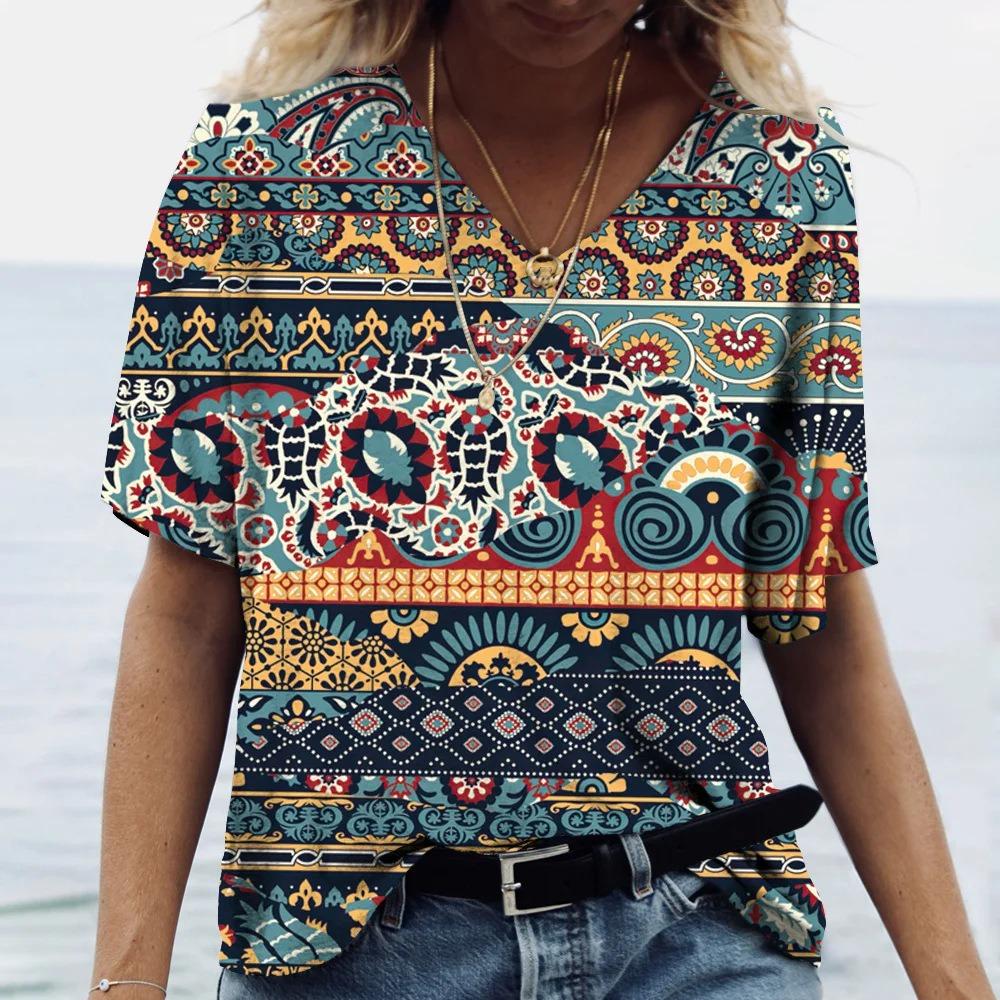 Retro Ethnic Style 3D Digital Printed Women's Fashionable V-neck Short Sleeved T-shirt