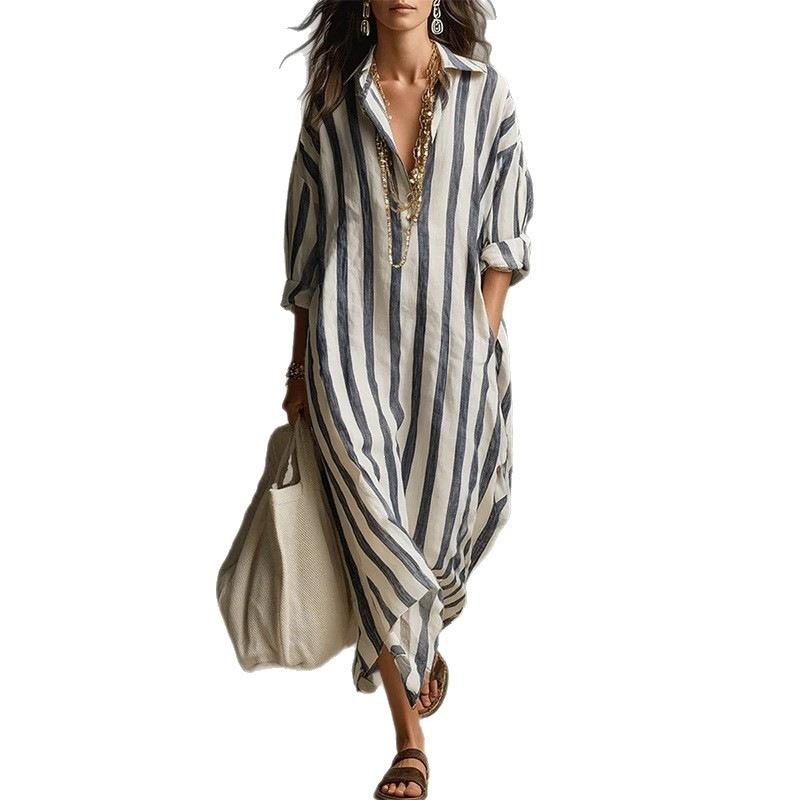 New Spring Women's Clothing, European and American Dresses, Commuting Loose V-neck Striped Printed Dress