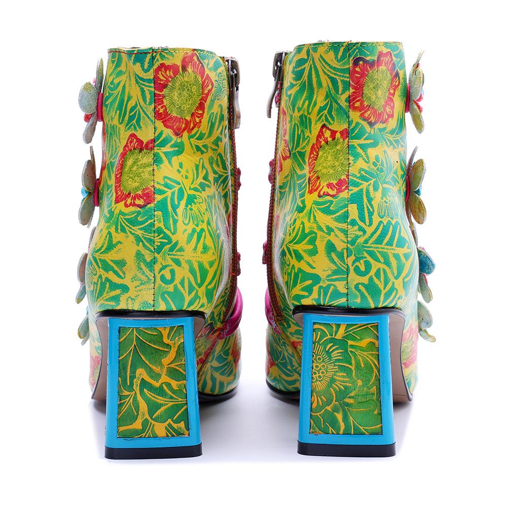 Johnature Retro Tištěné Krátké Kožené Boty Květinové Pohodlné Silný Podpatek Dámské Boty