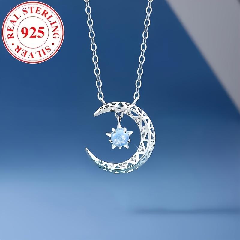 Luxurious Celestial Moon Pendant Necklace - 925 Sterling Silver with Synthetic Blue Zirconia, Perfect Gift for Women in Everyday Life серебряный
