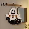 Childlike Party Supplies for Kids Cute White Ghost Wooden Door Hanger Sign with Black Cat BOO Retro Fall Seasonal Wall Art Banner, Waterproof