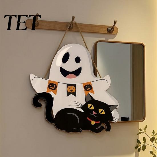 Childlike Party Supplies for Kids Cute White Ghost Wooden Door Hanger Sign with Black Cat BOO Retro Fall Seasonal Wall Art Banner, Waterproof