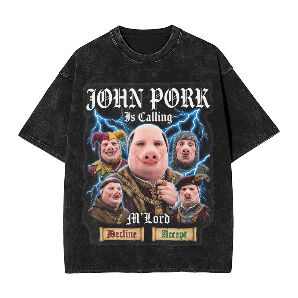 Vintage Washed Tshirt Funny Brainrot Outer Space Meme Tung Sahur John Pork Selfie Tshirts Fashion Tee Shirt Male Summer Tops