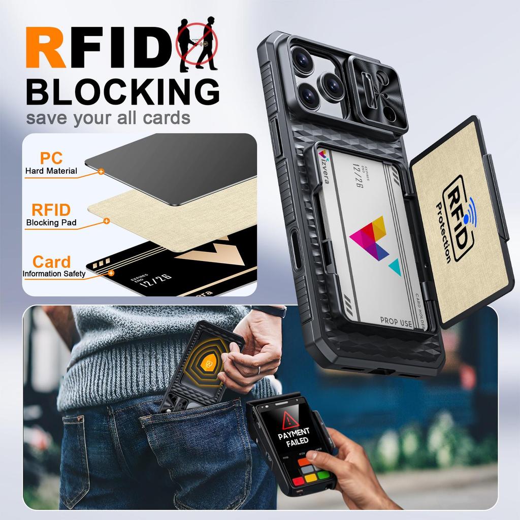 RFID Blocking Wallet Case with Card Holder Sliding Camera Cover Stand PC+TPU Protective Case for iPhone 17 Pro Max-Black