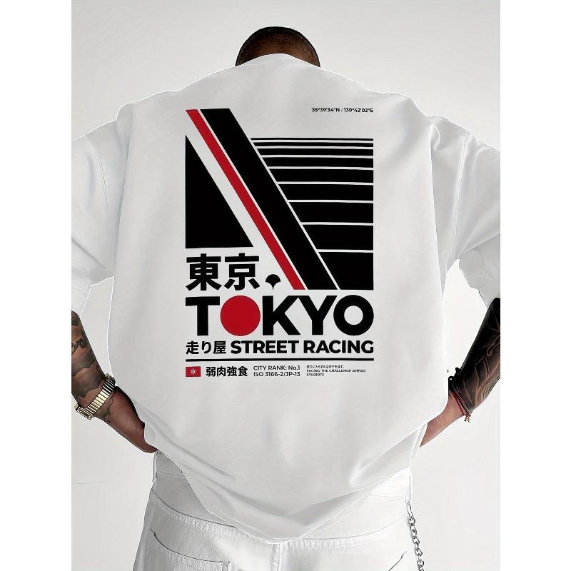 

European Size Mens Tokyo Street Racing Graphic T-Shirt - Japanese Text&Stripes Design, Breathable Cotton, Loose Fit Casual Tee for Summer Outdoor Wear S белый