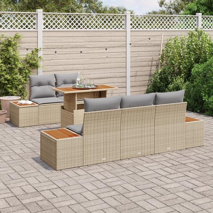 VidaXL Ensemble de Salle à Manger de Jardin 6 Pièces avec Coussins Beige Poly Rattan Acacia 3350027