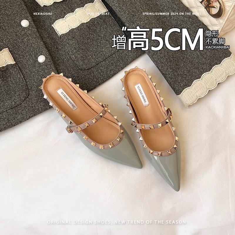 Cowhide version~ inner height increase pointed rivets single shoes spring and autumn leather one word with sandals women's half slippers