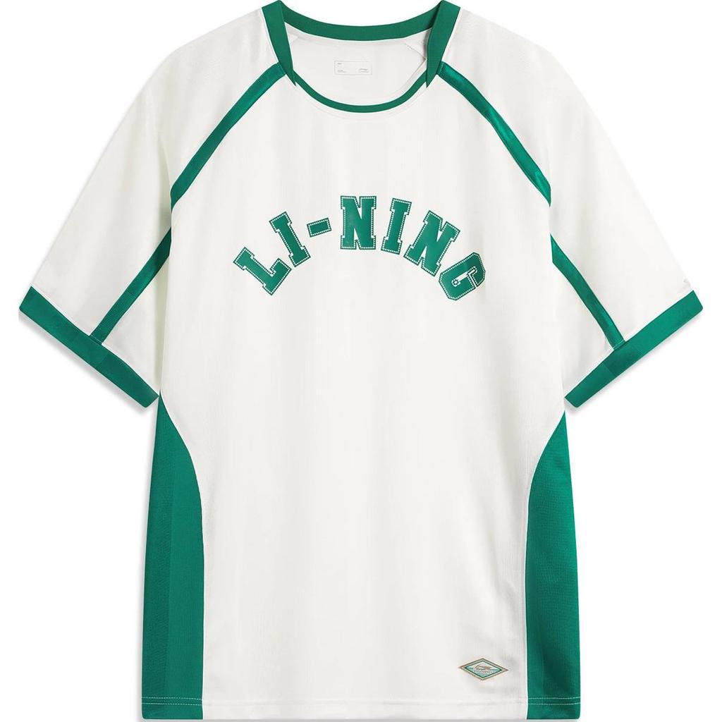 Li Ning Sports Lifestyle Series Spliced Letter Round Neck Comfortable Breathable Loose Short Sleeve T-Shirt Men Tops Off-White AHSU551-1