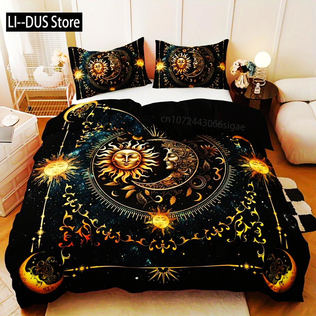 Celestial Digital Printed Bedding Set Son Moon Duvet Cover Set Breathable Fabric Golden Astrological Design King Queen Twin Size