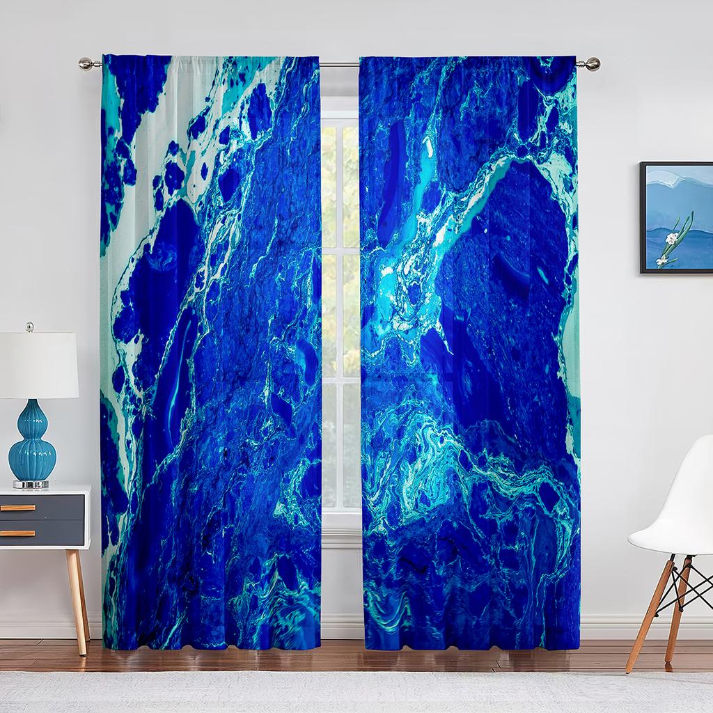 Abstract Marble Navy Blue Gold Marbling Sheer Curtains for Living Room Bedroom Decoration Window Chiffon Tulle Curtains Kitchen