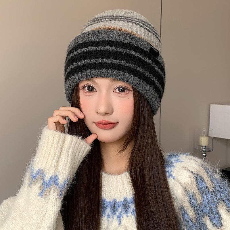 Striped Wool Women's Autumn and Winter Korean Style Warm and Versatile Large Head Circumference Pullover Hat Showing Face Small Knitted Hat