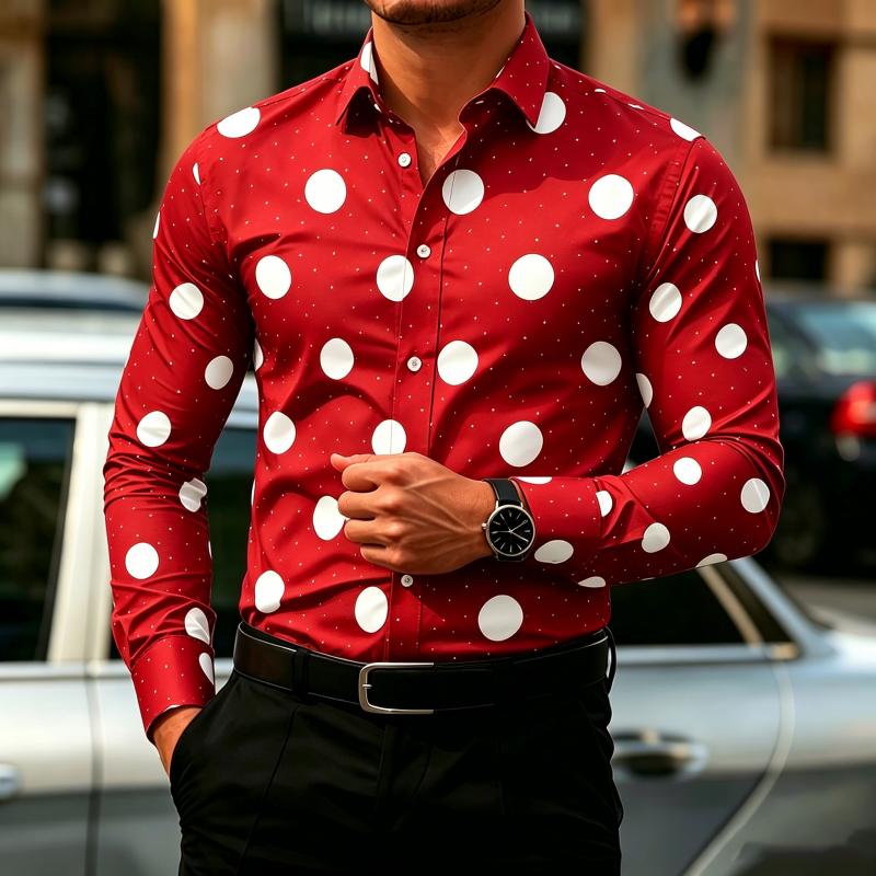Camicia da Uomo a Pois Manica Lunga, Camicia Business Casual Slim Fit, Top da Uomo Tendenza Moda Casual da Esterno