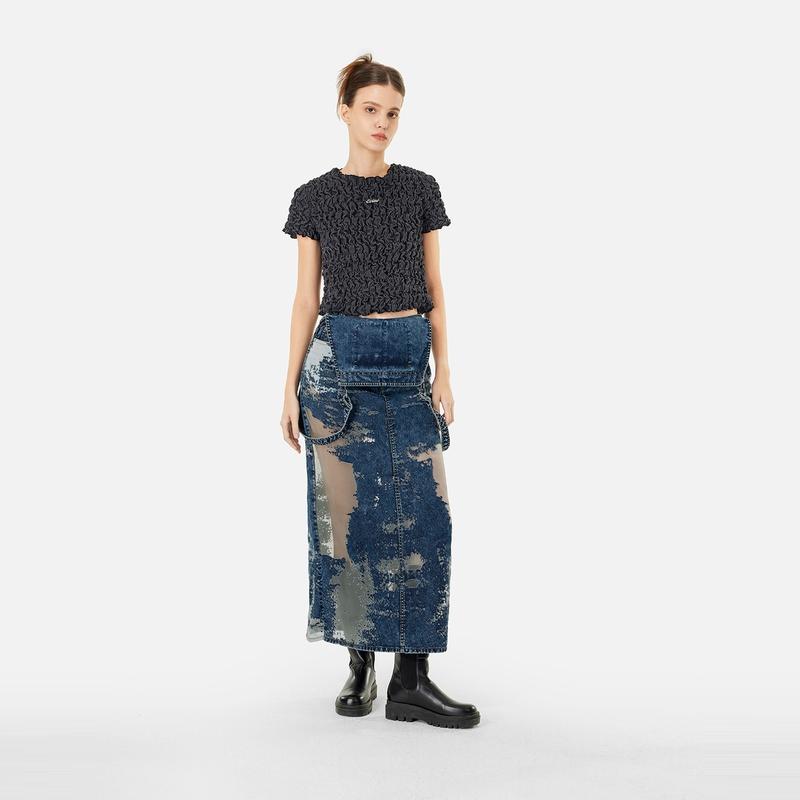 Evisu 2024 Autumn Winter Seagull Embroidery And Distressed Details Denim Long Skirt Women skirts Denim-Blue 2EAHTW4KL4024FFDN