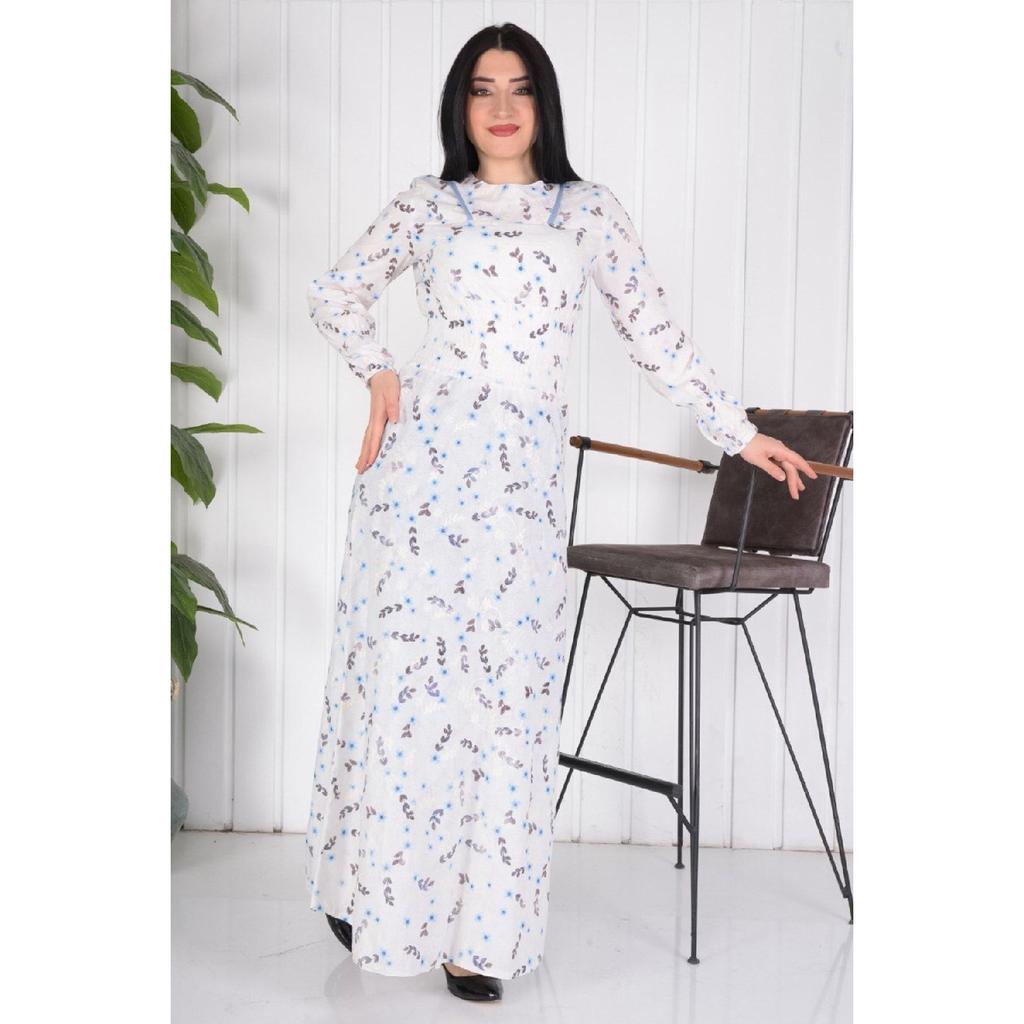 Long Hijab Elastic Waist And Embroidered Dress / Blue Flower Embroidery (brode) Slim Fit Buy A Larger Size