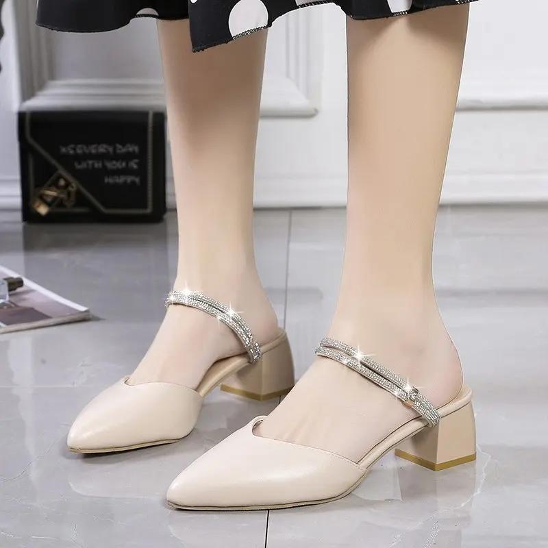 Fashion 2025Summer Korean Version Fashion Rhinestone Toe Slippers Thick-heeled Pointed Women's New Hot Hong Kong Style Two-wear Sandals
