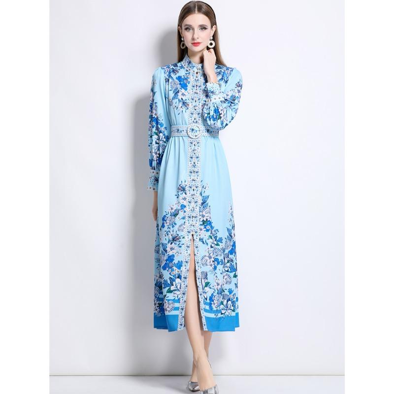 Spring Autumn Women Vintage Print Runway Dresses Full Sleeve Single Breasted Long Maxi Party Dress with Belt