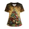 Women's Short Sleeved Christmas Printed V-neck Buttonable Side Slit Top T-shirt