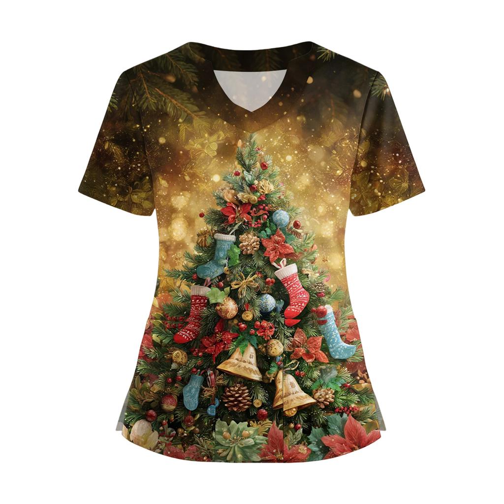 Women's Short Sleeved Christmas Printed V-neck Buttonable Side Slit Top T-shirt