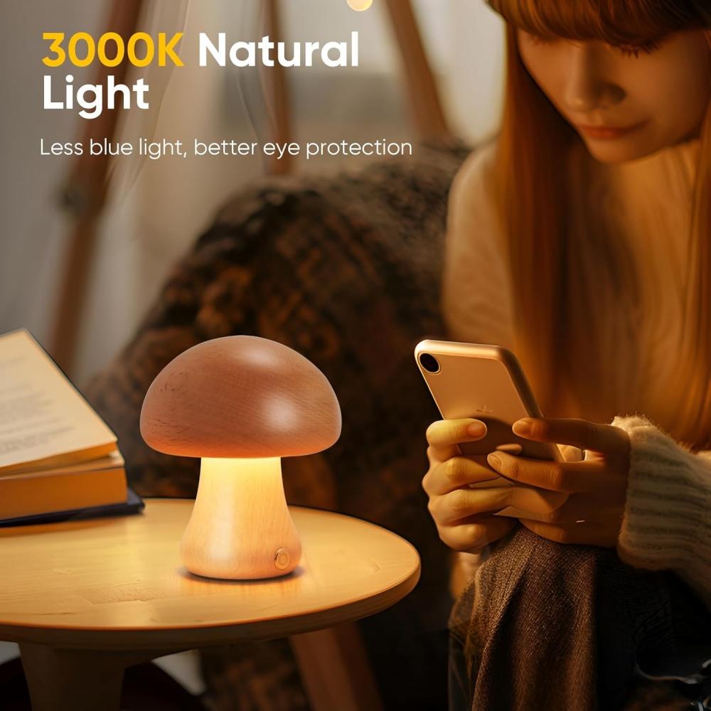 Mini Natural Wood Mushroom Lamp Touch Control LED Night Light for Bedroom Bedside Decor Lamp