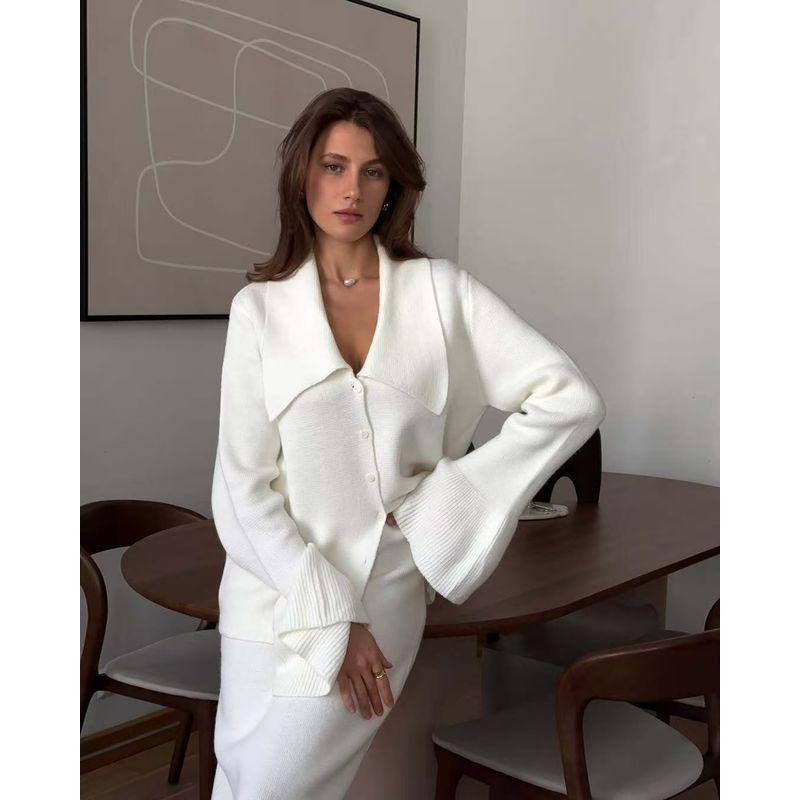 

Мода Новая Мода Повседневный Вязаный Кардиган Свитер Юбка Костюм Свитер и Юбка Комплект Milky White M