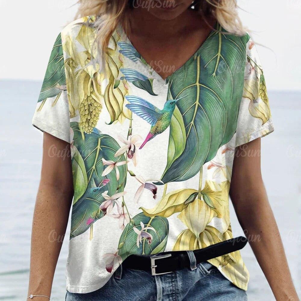 

Футболки с v-образным вырезом и короткими рукавами, летние женские футболки, повседневная одежда, топы с 3d ботаническим цветочным принтом, модная женская одежда 6XL