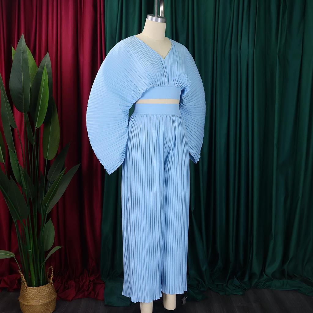 D3271 Women's Spring Fashion: Loose Pleated V-Neck Top & Wide-Leg Pants Two-Piece Set